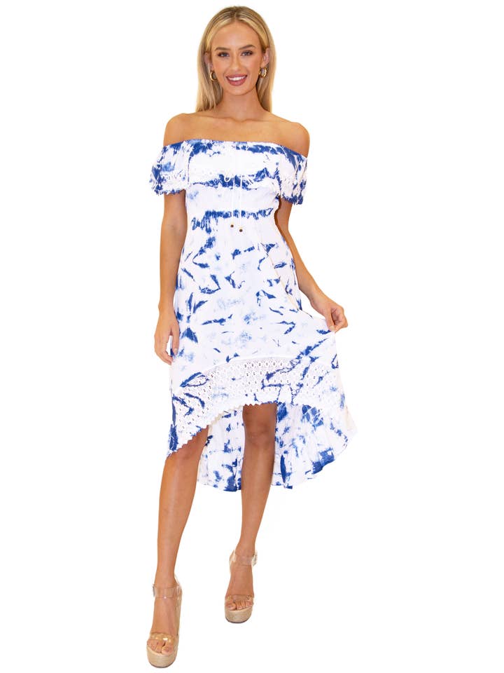 Robe midi en coton à épaules dénudées, asymétrique - Tie Dye bleu pour la vente par Seaspice Resort Wear