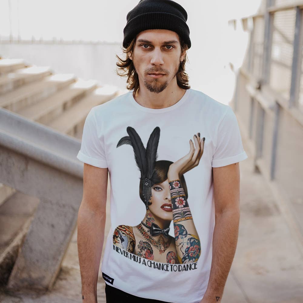 BE HAPPINESS - Wholesale Screen Printed T-Shirt - Unisex - LINDA CABARET WHITE T-SHIRT4