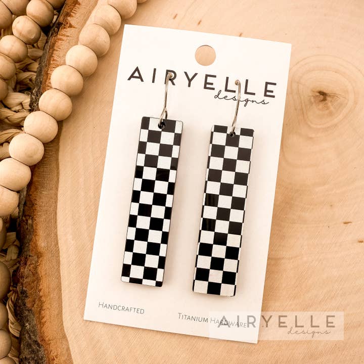 Black & White Checkered Acrylic Bar Earrings for wholesale by Airyelle Designs