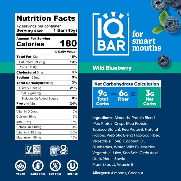 Echo Sales Canada - Wholesale Snack bar - IQBAR Brain + Body Protein Bars, Wild Blueberry, Keto, Vegan, Paleo Friendly, Low Sugar, Low Net Carb, High Fiber, Gluten Free, No Sugar Alcohols, 12 Count1