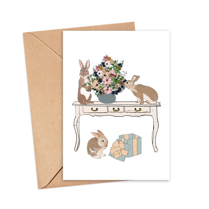 Hop on Over Bunny Card for wholesale by Screech Owl Design