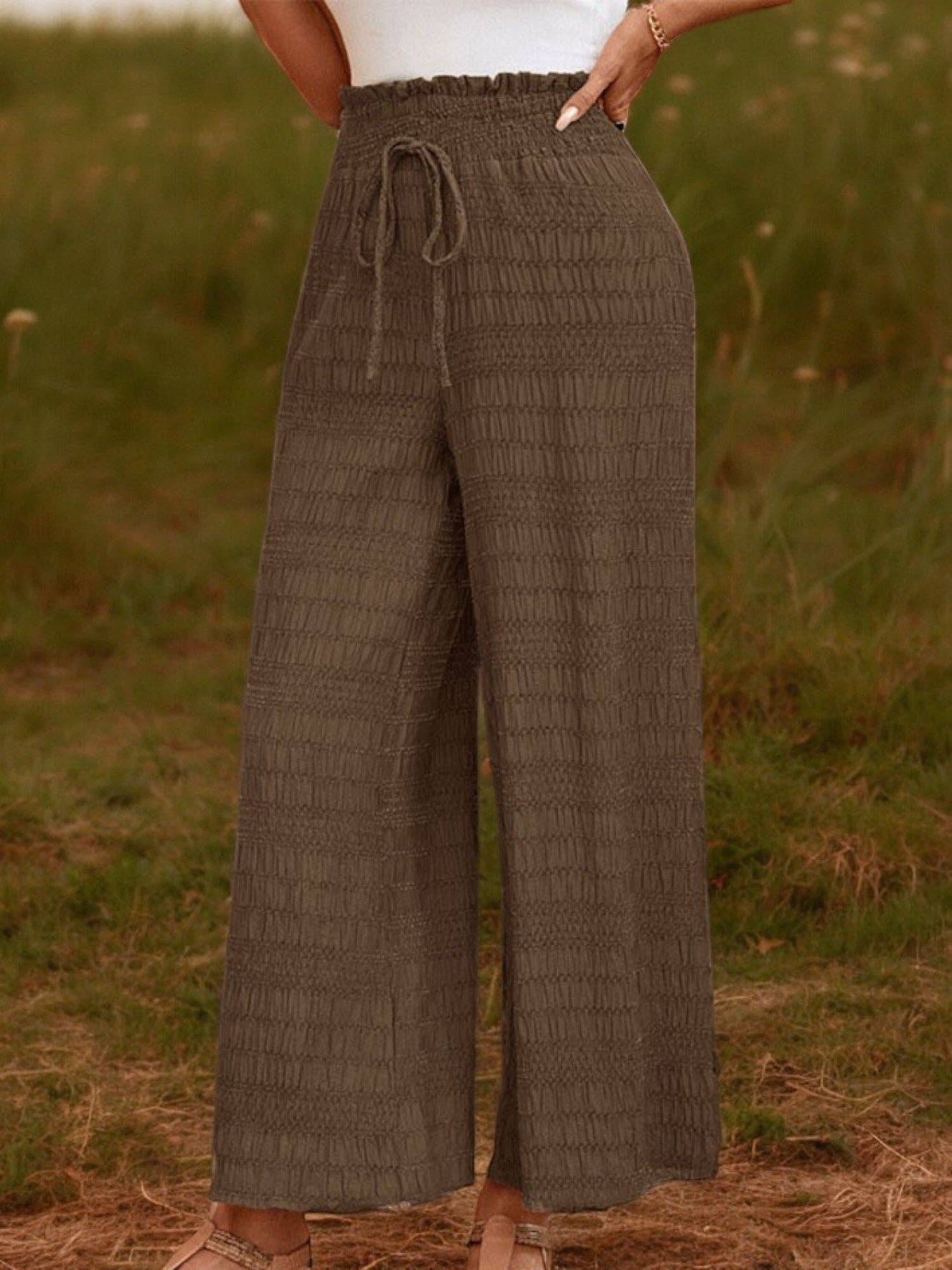 Marron Pantalon décontracté à jambe large et taille haute pour femmes en vente sur Faire0
