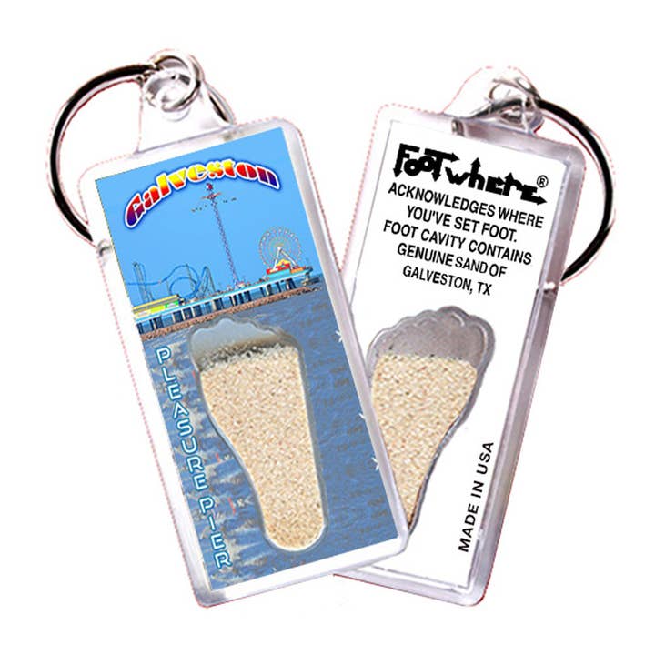 Galveston FootWhere® Souvenir Keychains. 72 pieces/ 6 assorted styles. for wholesale by FootWhere- USA Group, Inc.