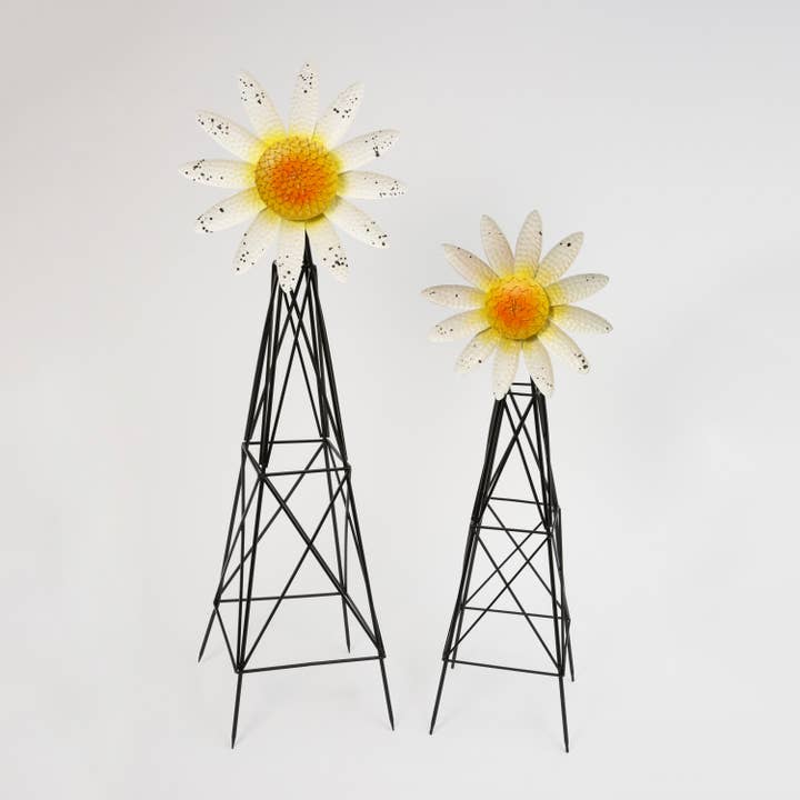 Discount S/2 Metal Daisy Windmills, Lg is 62"H, K/D for wholesale by The Gerson Companies