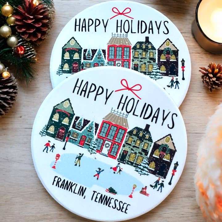 With Love Louise – wholesale Coasters – Custom Ceramic Winter Village Holiday Coasters