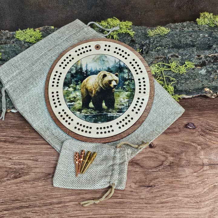 Mini Travel Cribbage Board - Grizzly Bear for wholesale by Rising Joy Creations-Nature Inspired Wood Art