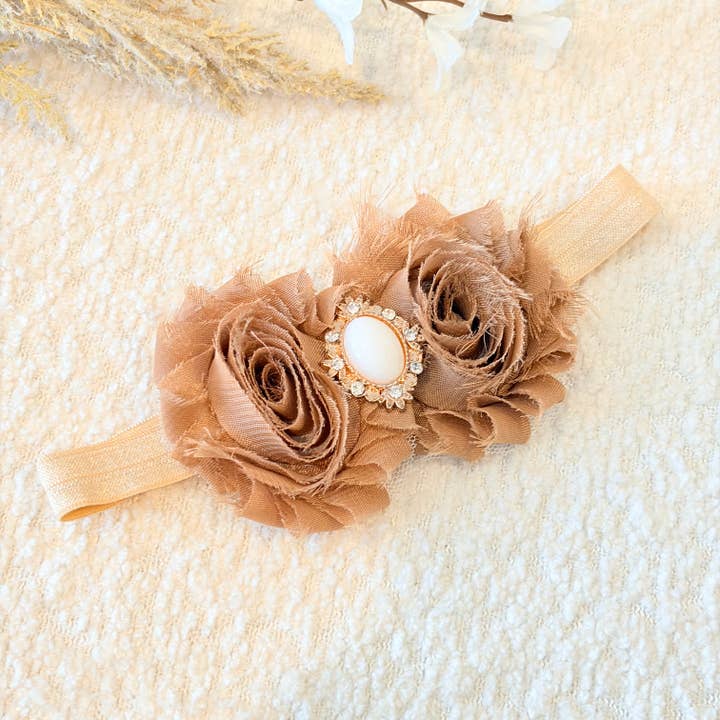 Baby tan headband, khaki shabby chic headband, baby bows for wholesale by Jazy and Eve
