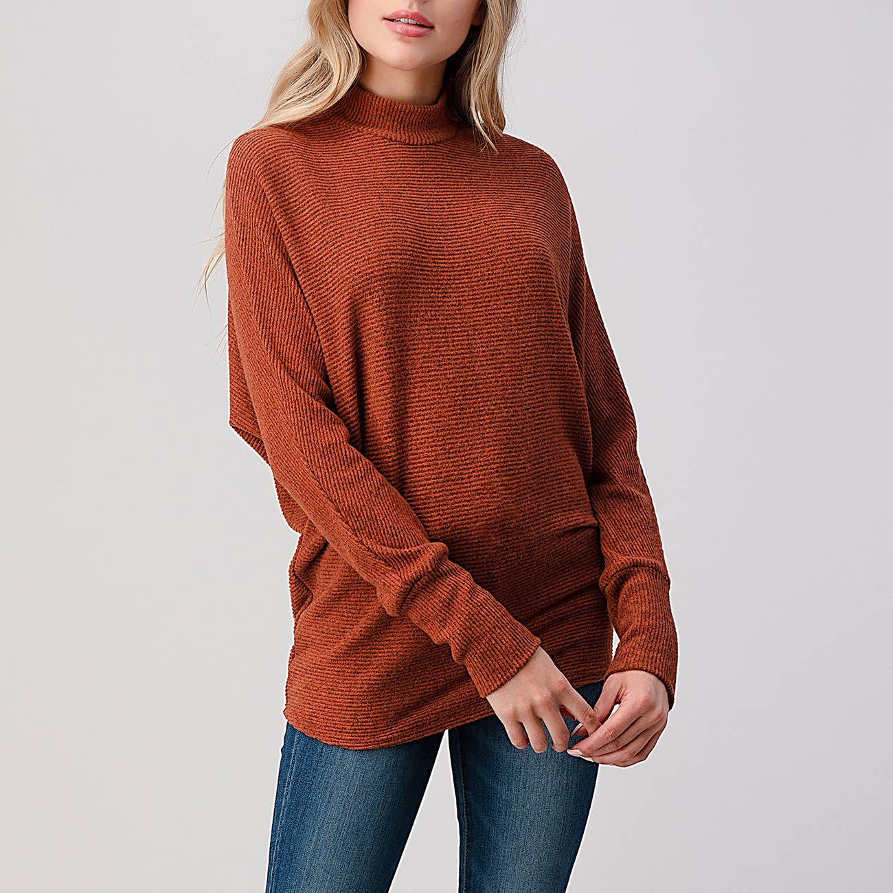 Heimious - Wholesale Knit Top - Women's - Mock Neck Long Dolman Sleeve Ribbed Knit Top, T26116