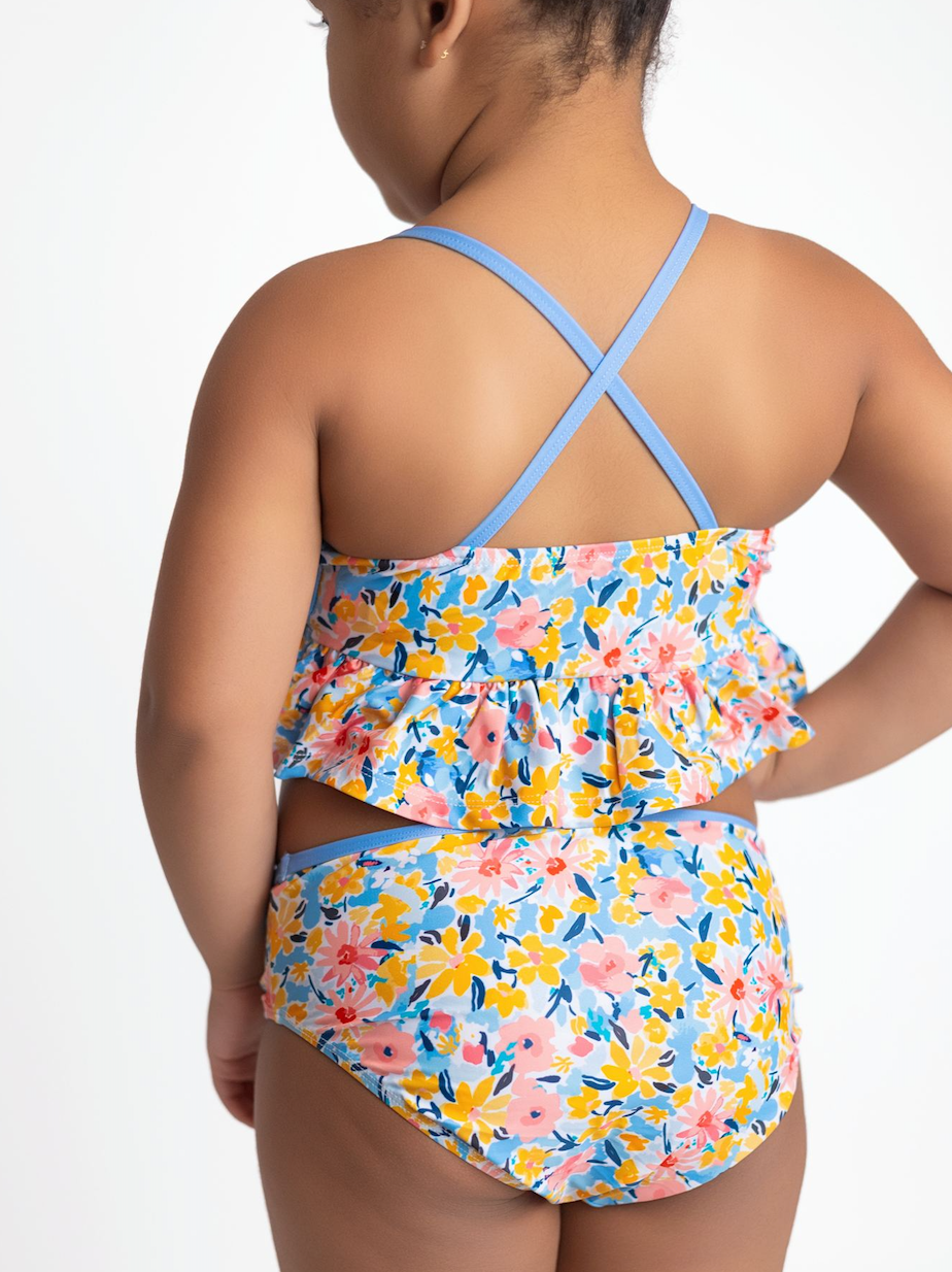 White Girls Swim Blue Floral Filigree Ruffle-Trim Tankini for wholesale on Faire1