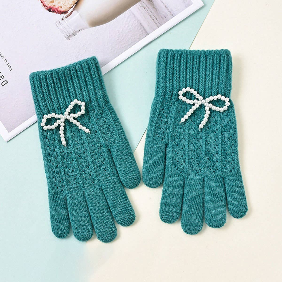 NINEXIS - Wholesale Gloves - Women's - CWAG00586_WOMEN WINTER KNIT BOW PEARL TOUCHSCREEN GLOVES9