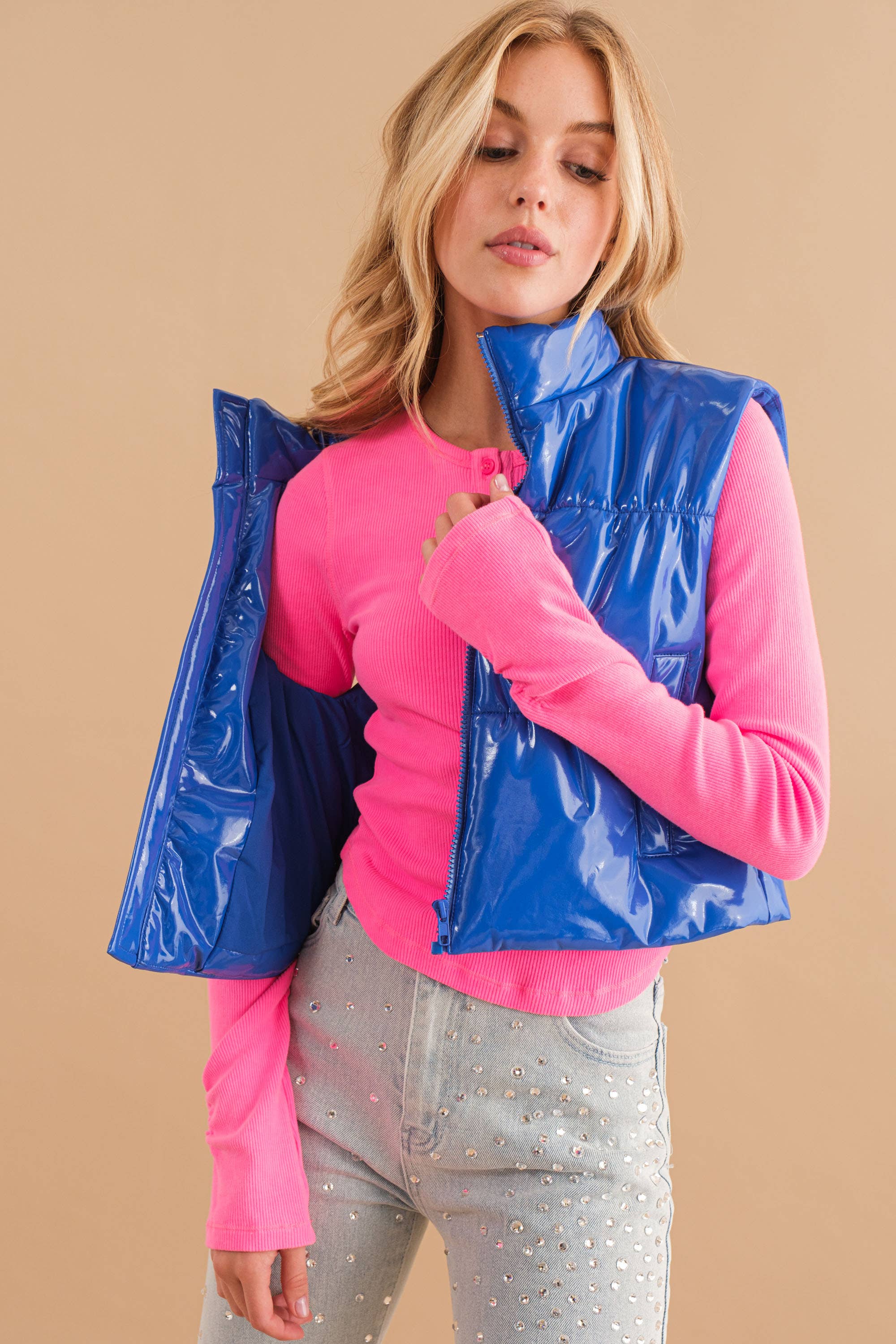 Blue B - Wholesale Outerwear Vest - Women's - 22656J - Gloss Shiny PU Quilted Puffer Zip Up Crop Vest26