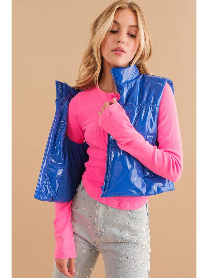 Blue B - Wholesale Outerwear Vest - Women's - 22656J - Gloss Shiny PU Quilted Puffer Zip Up Crop Vest26