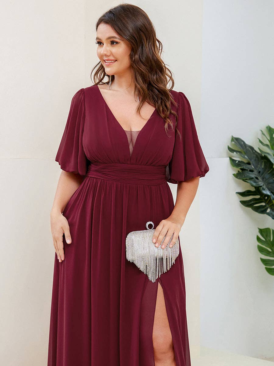 Ever-Pretty - Wholesale Gown - Women's - Plus Deep V Neck A Line Half Puff Sleeves Bridesmaid Dress6