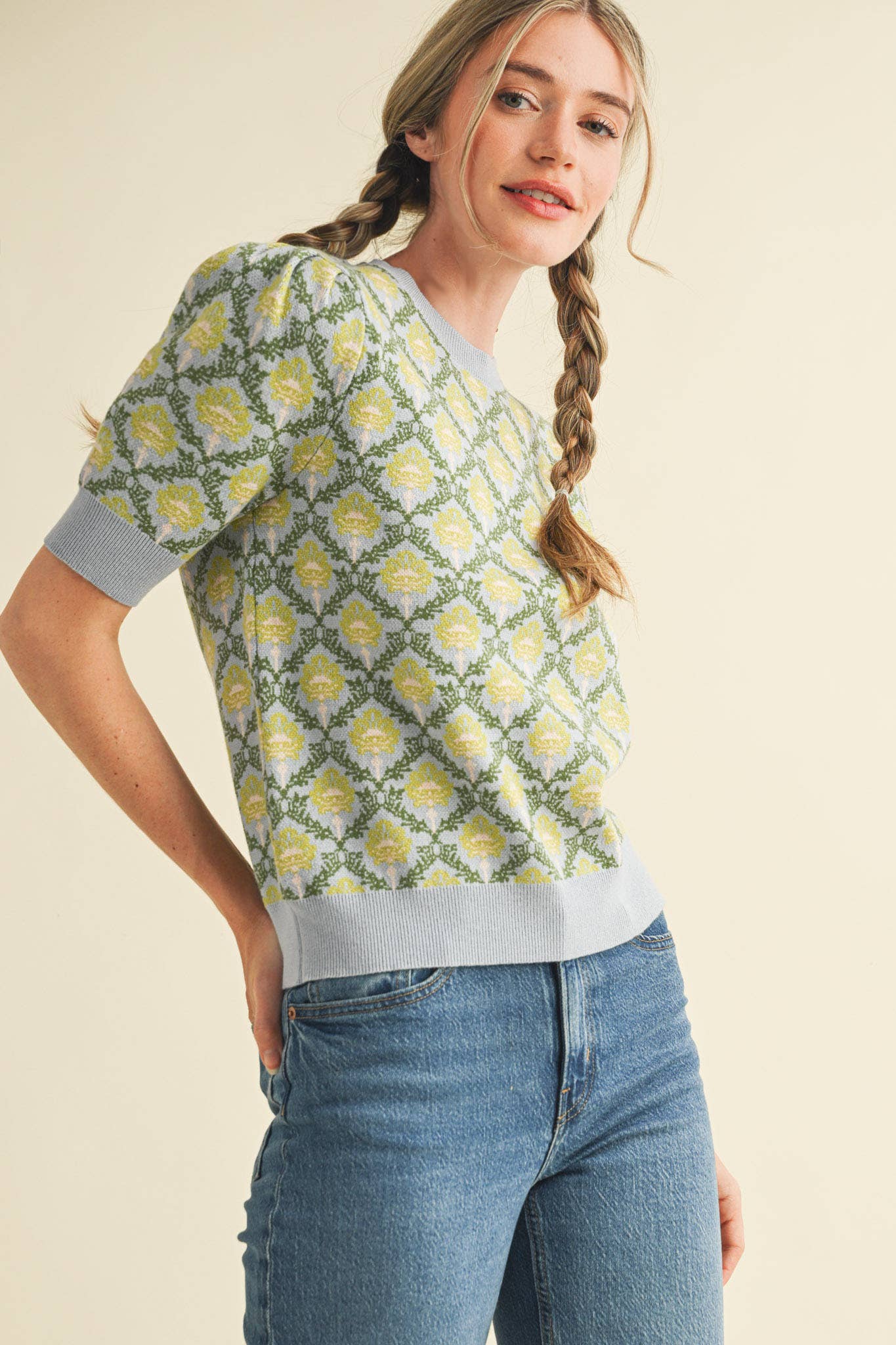 &MERCI - Wholesale Knit Sweater - Women's - FLORAL PATTERN SHORT SLEEVE SWEATER MSW1086043