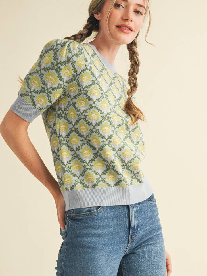 &MERCI - Wholesale Knit Sweater - Women's - FLORAL PATTERN SHORT SLEEVE SWEATER MSW1086043