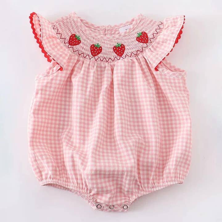 Girls Summer Strawberry Smocking Bubble Romper for wholesale by Auraquise