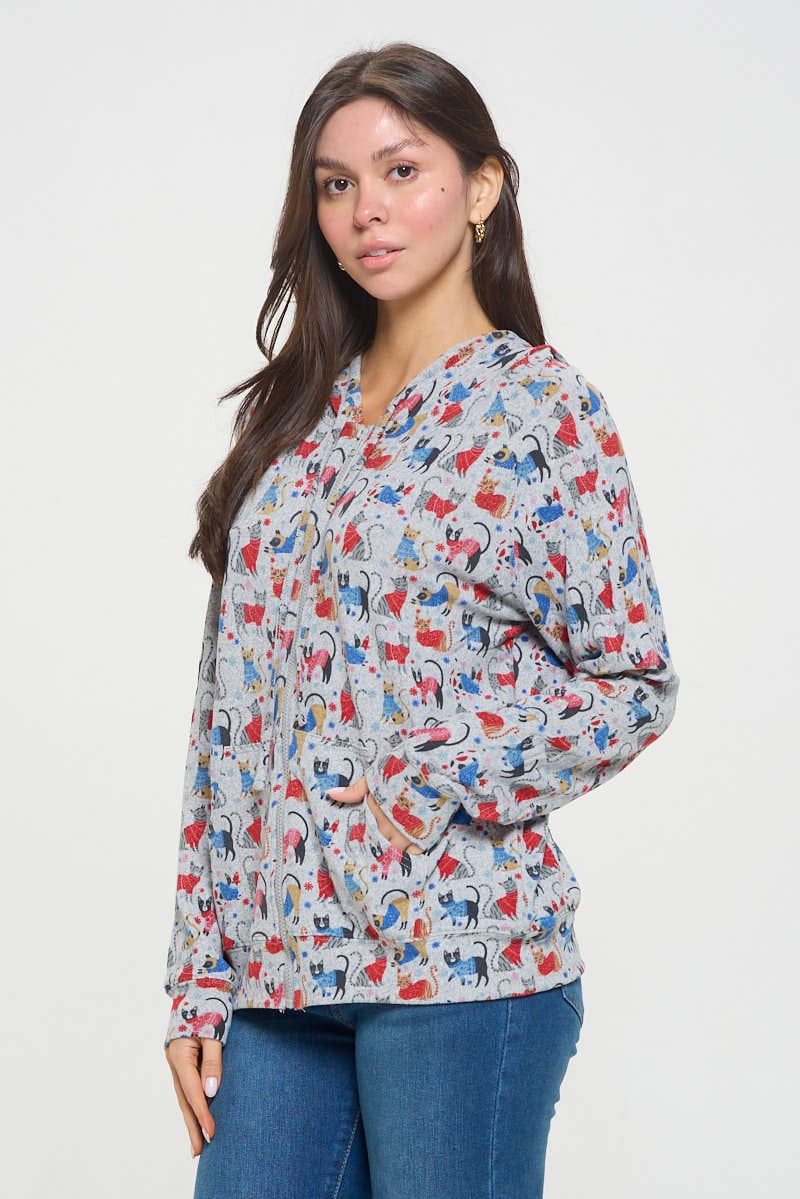 SM WARDROBE - Vendita all'ingrosso Felpa con cappuccio - Donna - FELPA INVERNALE CON CAPPUCCIO E ZIP A TUNICA CON STAMPA DI GATTI5