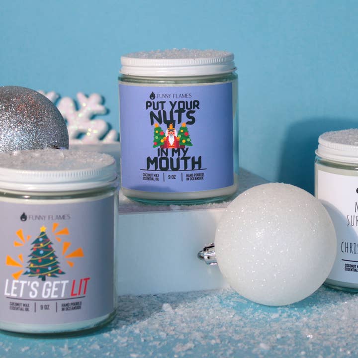 Funny Flames Candle Co - Les Creme – wholesale Jar/filled candle – Put Your Nuts In My Mouth- Funny Holiday Candle for Him 9oz3