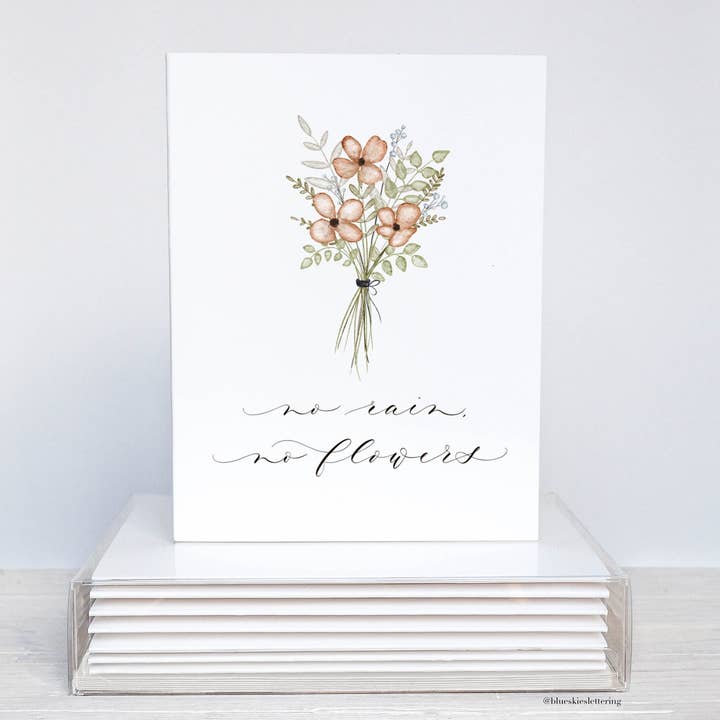 Notizkarten-Set „No Rain No Flowers“, verpackt für den Großhandel von Blue Skies Lettering