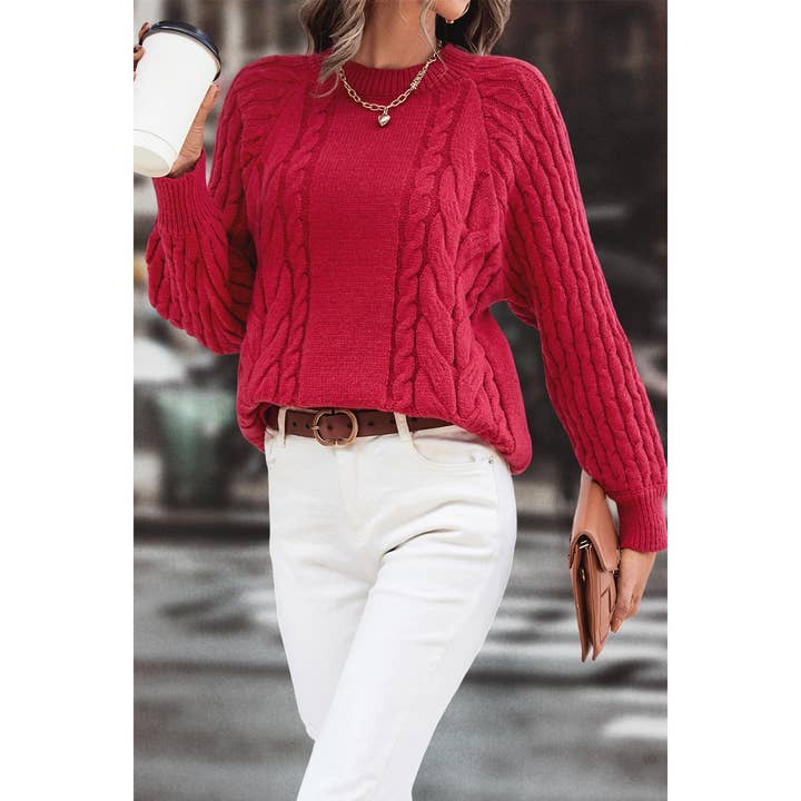 WINE Solid Round Neck Cross Knit Loose Pullover Sweater for wholesale on Faire