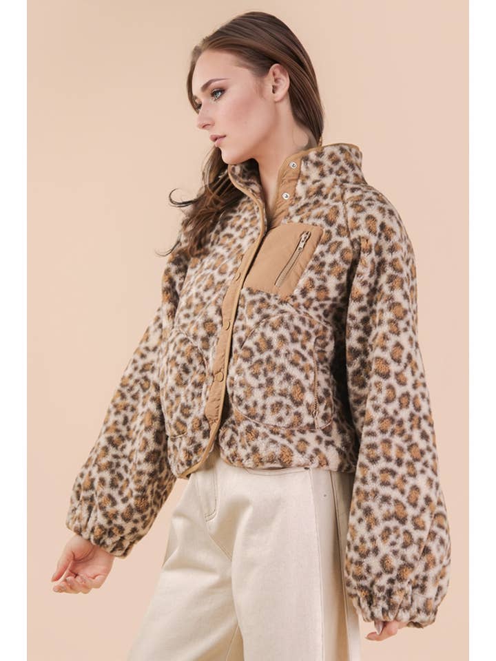 VERY J - Wholesale Jacket - Women's - NJ90423-Leopard & Cherry Printed Fleece Oversized Jacket2