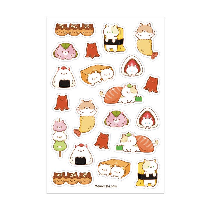 Feuille d'autocollants transparents Chat et nourriture japonaise pour la vente par Meowashi Studio