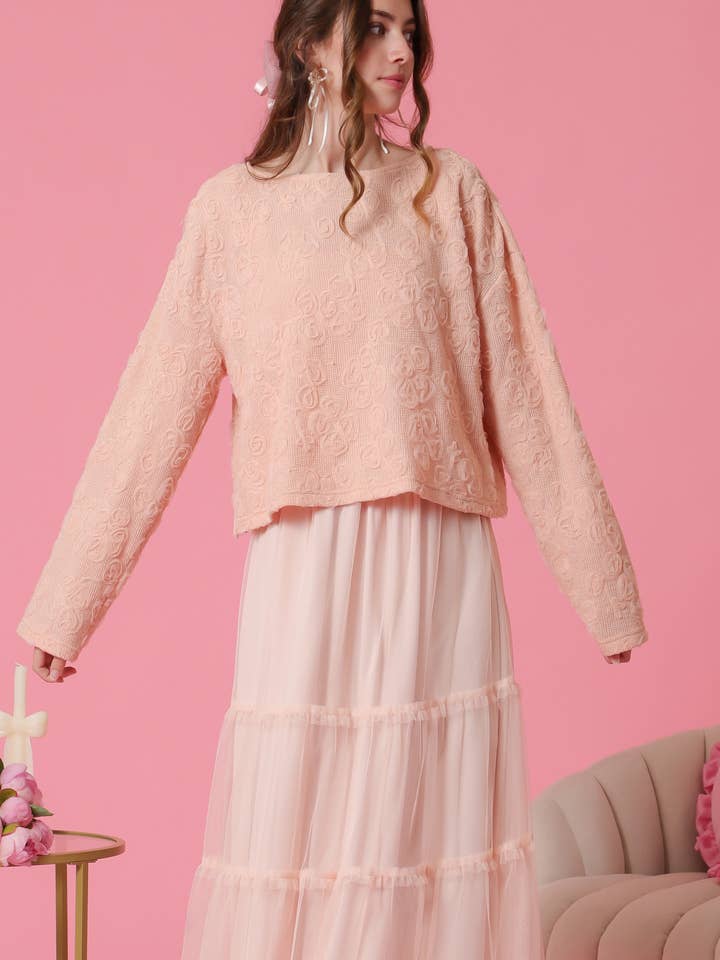 3d mesh floral long sleeve pullover top for wholesale by Fleur d'Or