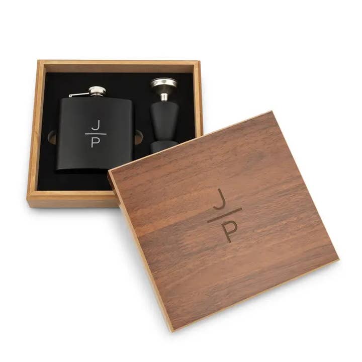 Wood Gift Box & Black Metal Hip Flask Set - Stacked Monogram for wholesale by Weddingstar Inc.