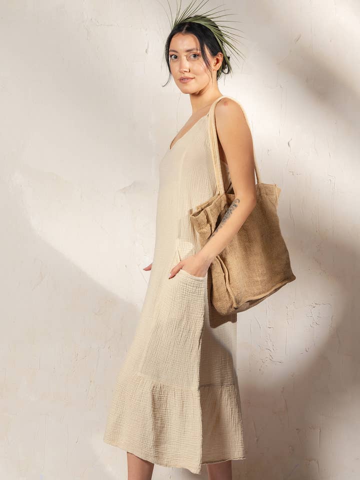 Moa - Wholesale Dress - Women's - Beige Double Gauze Strap Dress