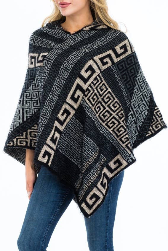Cap Zone - Vente Poncho – femme - Poncho à capuche en faux angora Greek Key13