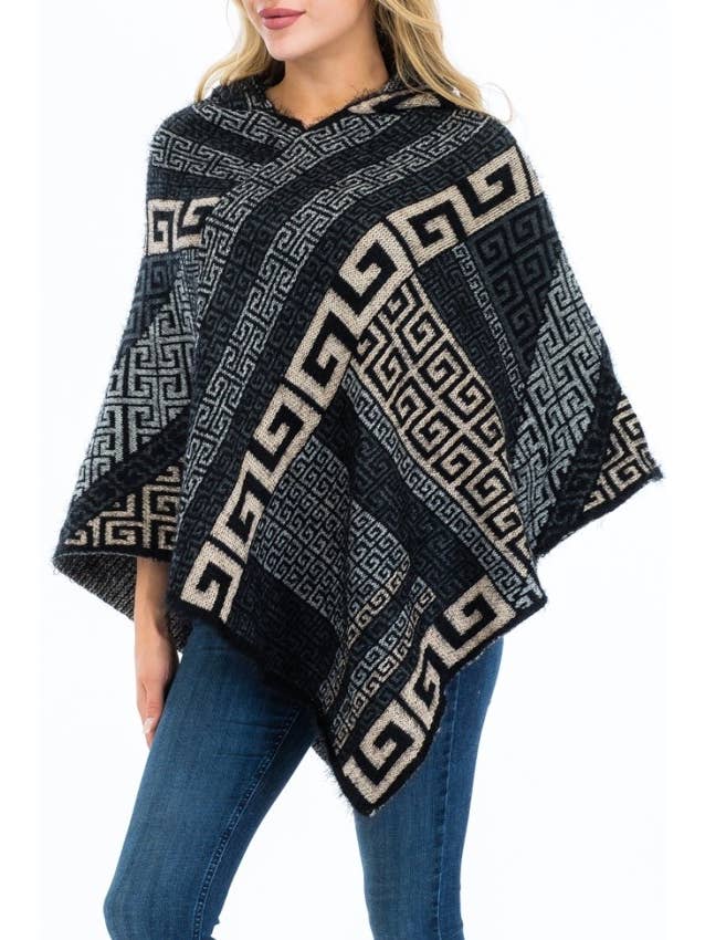Cap Zone - Vente Poncho – femme - Poncho à capuche en faux angora Greek Key13