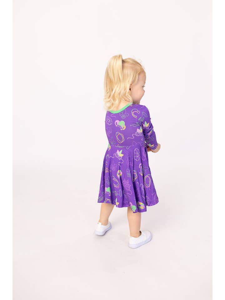 Southern Slumber - Wholesale Dress - Kids - Mardi Gras Purple Bamboo Long Sleeve Twirl Dress3
