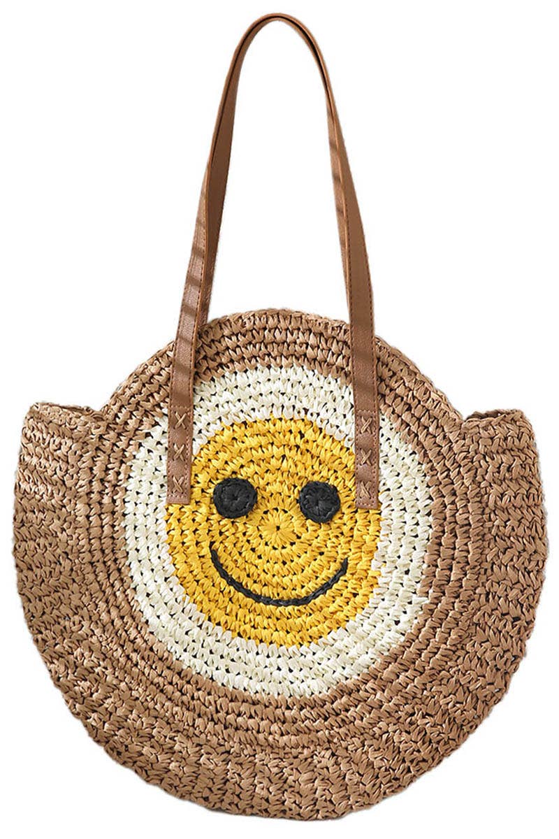 Cap Zone - Vendita all'ingrosso Borsa da spiaggia - Borsa da spiaggia rotonda in rattan con faccina sorridente3