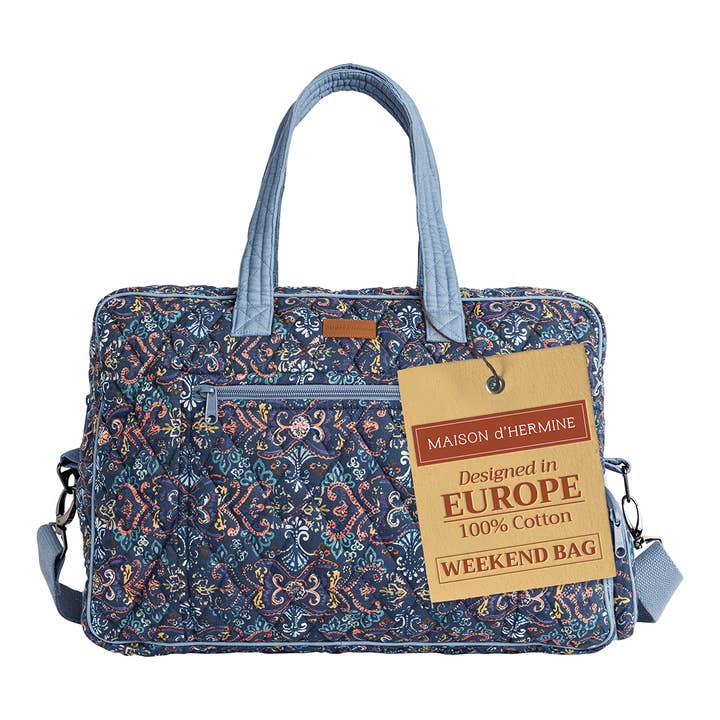 Weekender Bag 100% Cotton Duffel for Travel - Oris - Blue for wholesale by Maison d'Hermine - Design in Every Thread