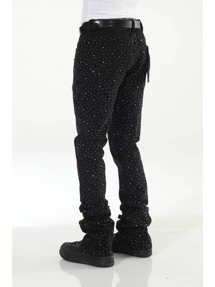 Stylo - Wholesale Jeans - Men's - Black Rhinestone Covered Stacked Flare5