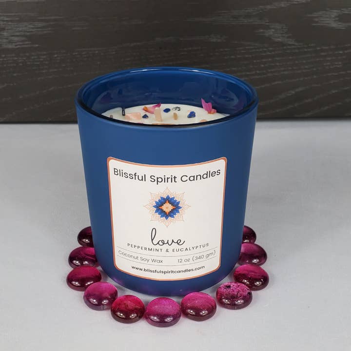 Blissful Spirit Candles - Wholesale Jar/Filled Candle - Love - Coconut Soy Wax, Wooden Wick with Genuine Crystals1