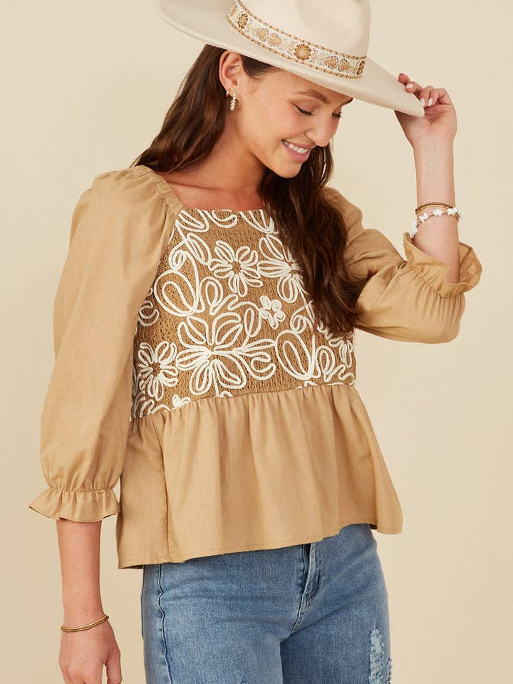 Taupe Womens Floral Embroidered Mix Media Peplum Top for wholesale on Faire4