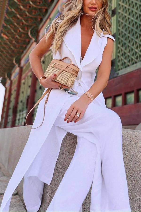 Sleeveless White Lapel Blazer and Pants Two-Piece Set JRM136 for wholesale on Faire2