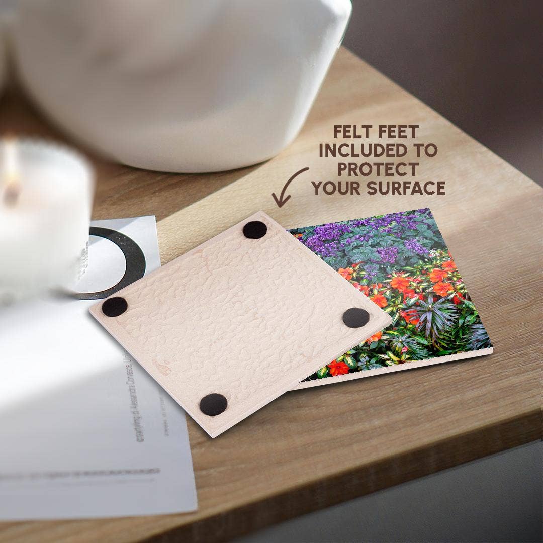 3dRose – wholesale Coasters – 3dRose, USA, Oregon. Cannon Beach Garden. Impatiens. Geraniums. Heliotrope 1., Coaster3