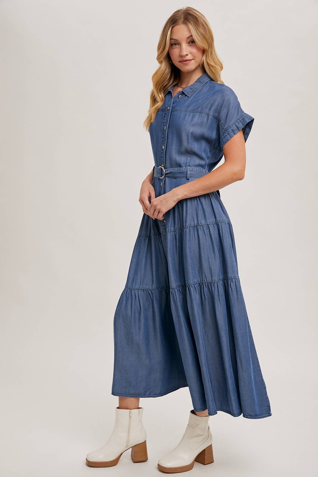 Bluivy - Wholesale Dress - Women's - BUTTON FRONT SHORT SLEEVED TIERED MAXI DENIM DRESS6