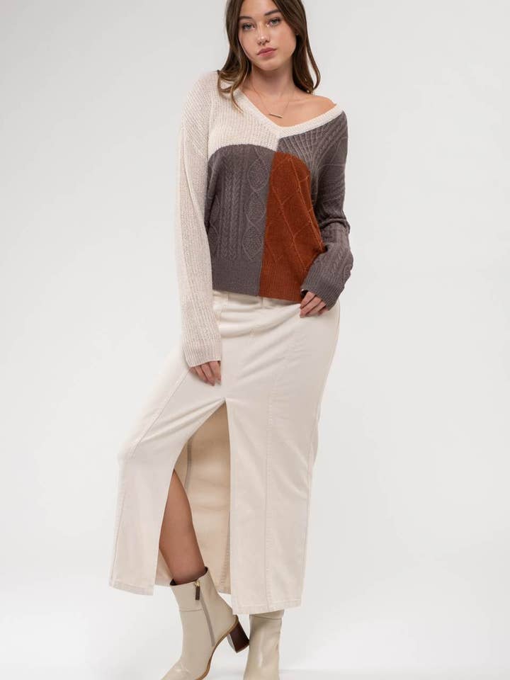 Blu Pepper - Wholesale Knit Sweater - Women's - LIGHT-WEIGHT COLORBLOCK KNIT