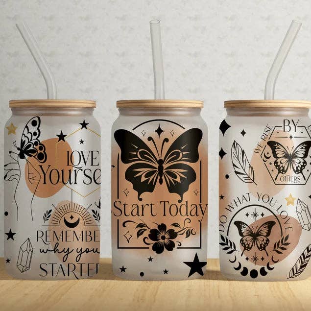 Kate Haven Sublimation - Wholesale Drinking Glass/Cup - Start Today Butterfly Celestial 16oz Frosted Libbey Glass Tumbler