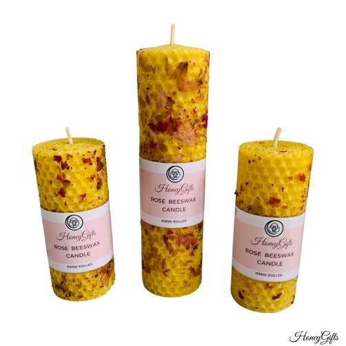 HoneyGifts - Wholesale Pillar Candle - 100% pure beeswax candle with rose petals0