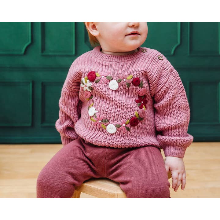 French Rose Heart Embroidered Slouchy Baby Sweater Cardigan for wholesale by Viverano Organics