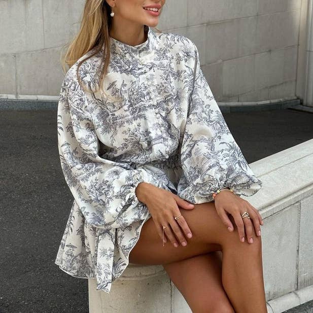 HIDDENBRAND - Wholesale Dress - Women's - Vintage dress with puffy sleeves and lace-up in ink print