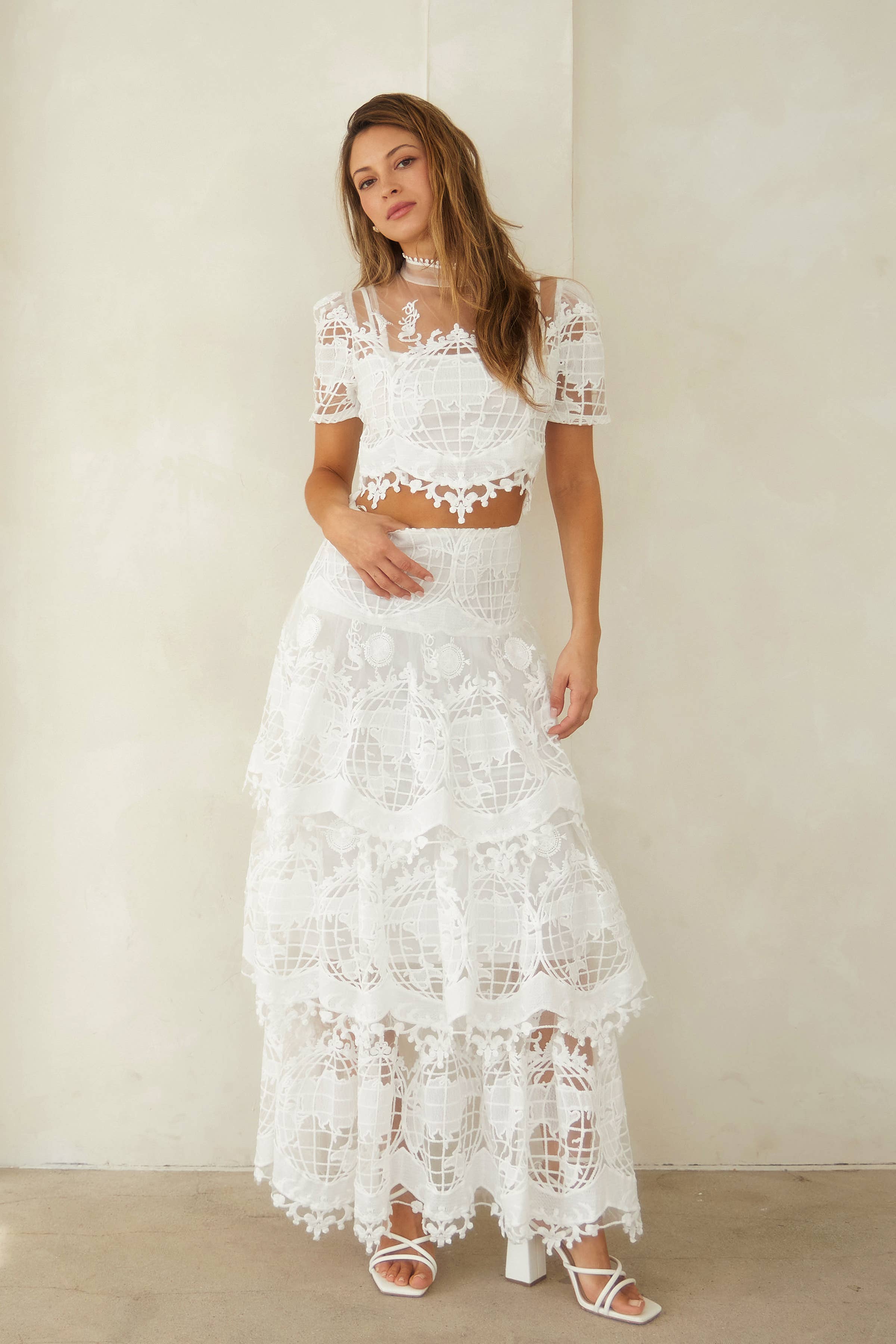 White LS1028 Scalloped Tiered Maxi Skirt for wholesale on Faire1