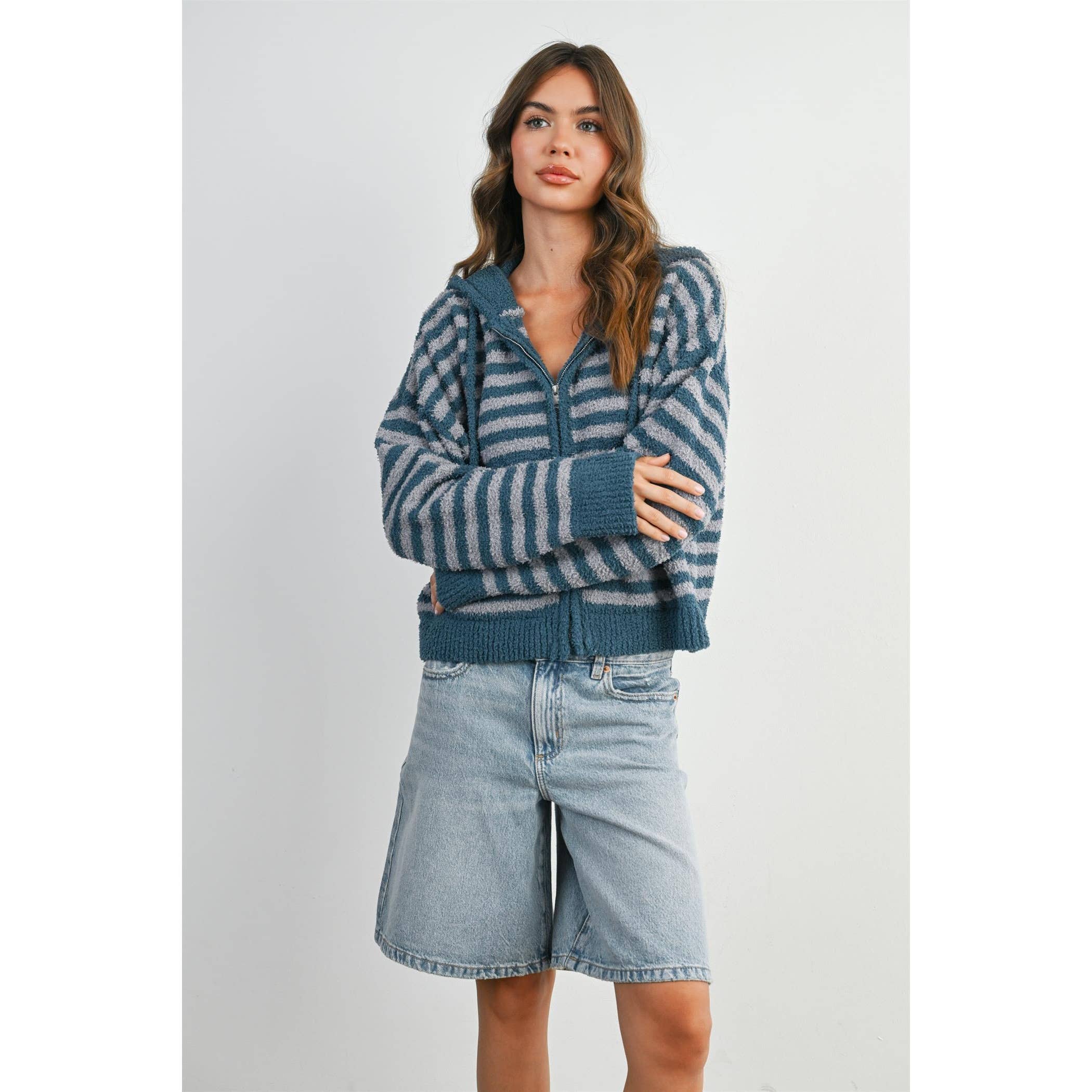 BUTTERMELON - Wholesale Knit Sweater - Women's - Striped Zip-Up Hooded Cardigan - BMC809732