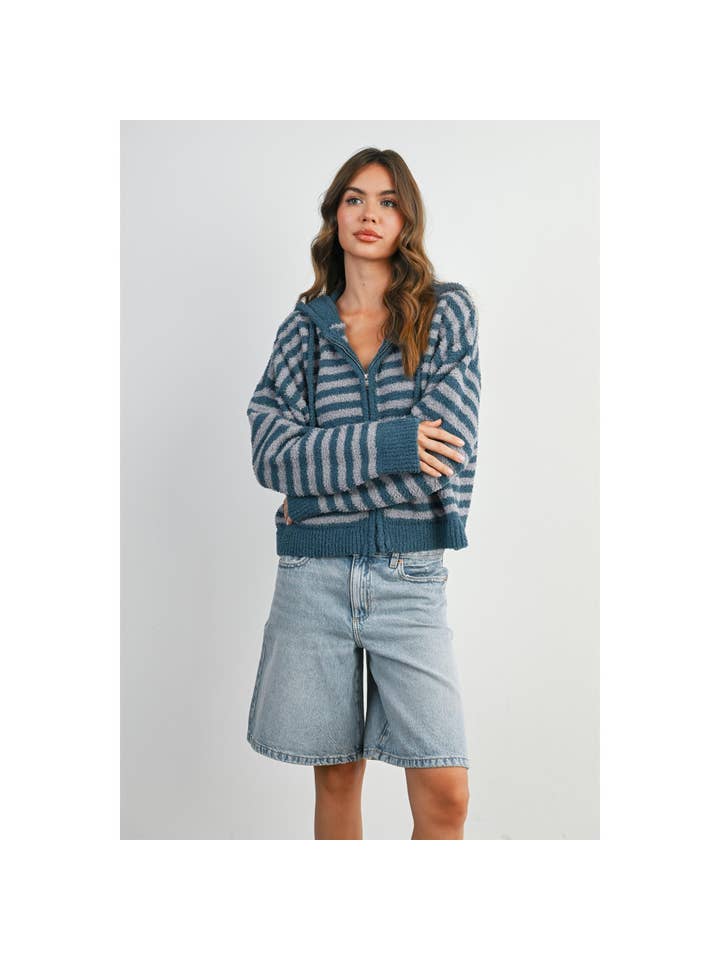 BUTTERMELON - Wholesale Knit Sweater - Women's - Striped Zip-Up Hooded Cardigan - BMC809732