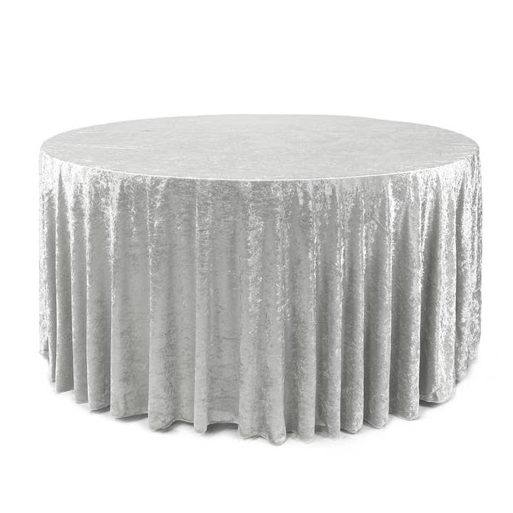 120 Inch Round Crushed Velvet Tablecloth White for wholesale by YOUR CHAIR COVERS