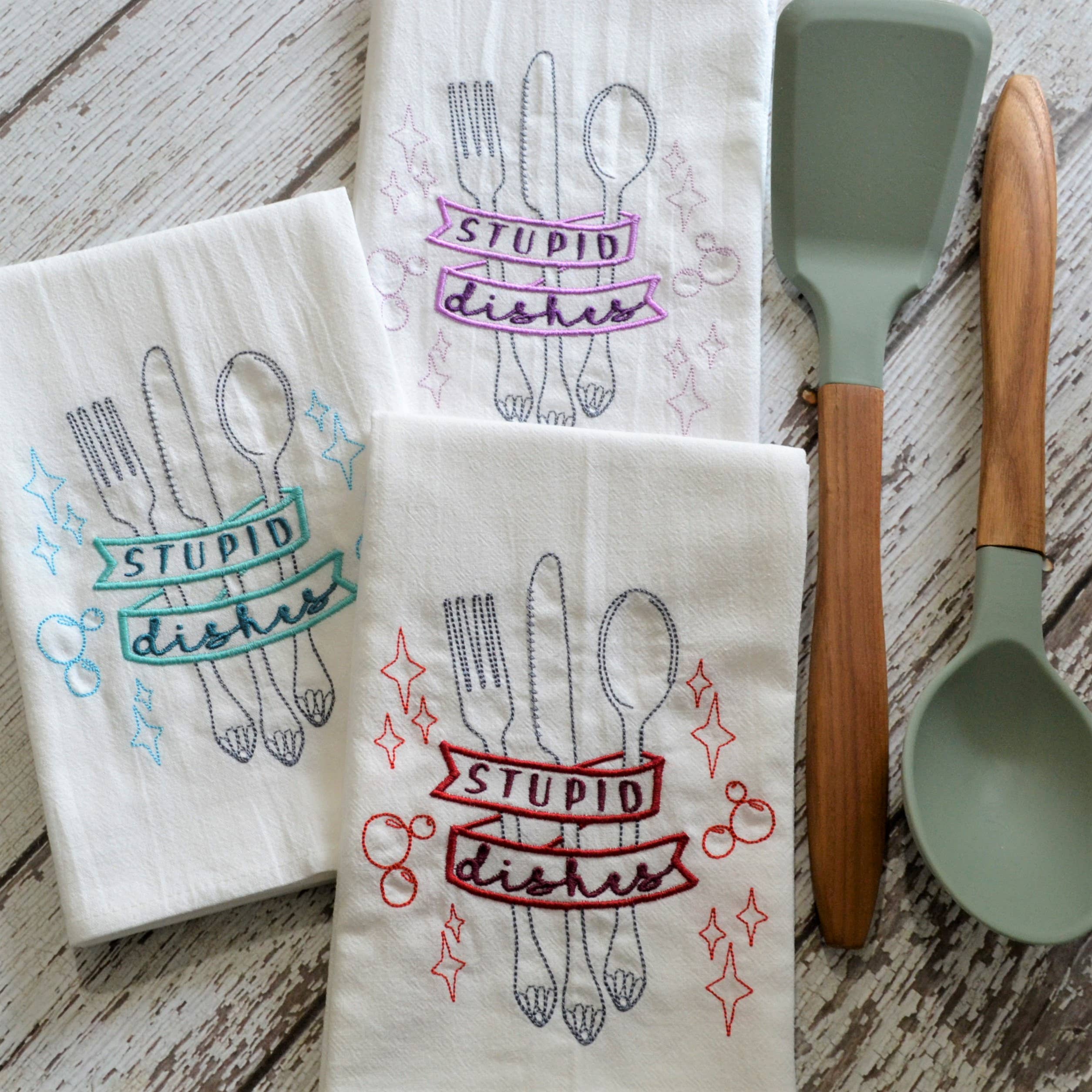 SewMuchMoreStore - Wholesale Tea Towel - CLEARANCE - Stupid Dishes Tea Towel, Embroidered Floursack7